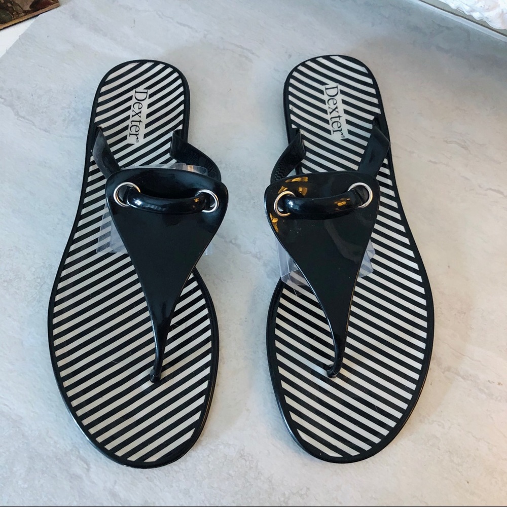 Dexter Black Strappy Thong Sandals with Striped Footbed